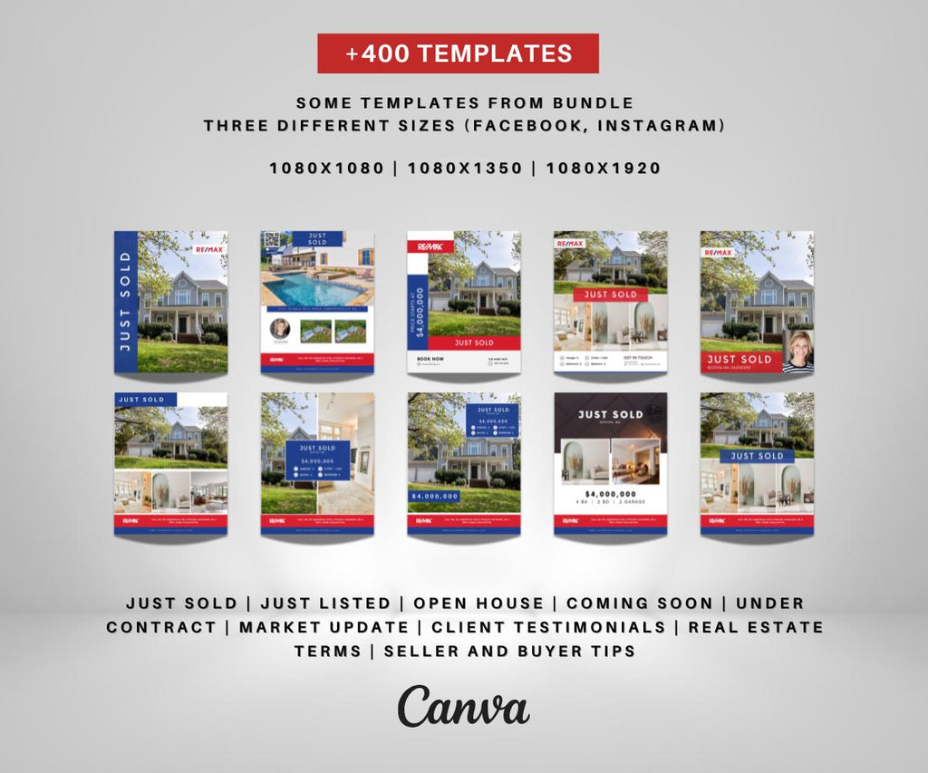 RE/MAX Real Estate Social Media Bundle | Just Listed, Just Sold, Open House, Market Update, Client Testimonials & More | Three Sizes