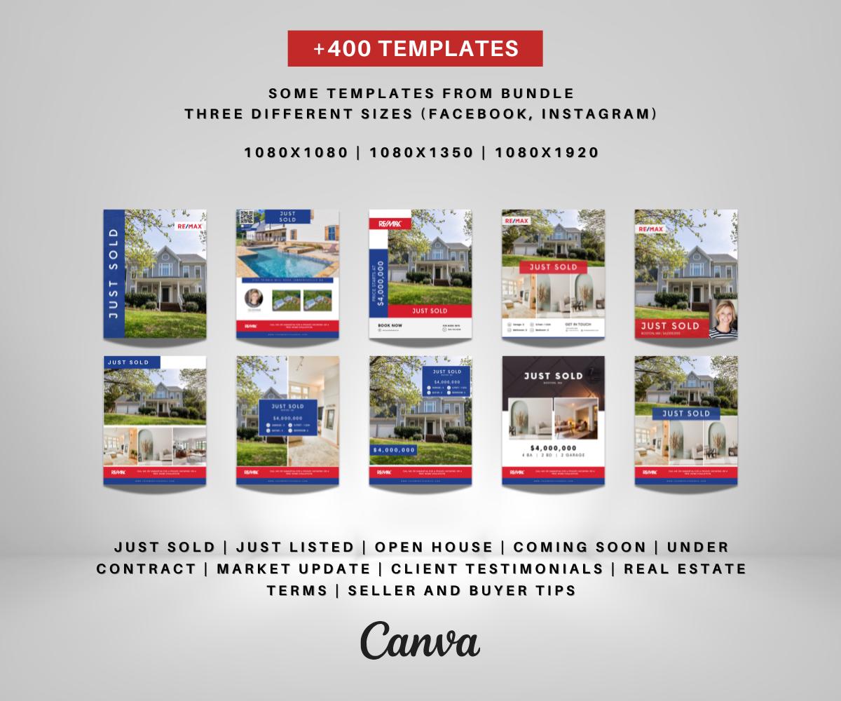 RE/MAX Real Estate Social Media Bundle | Just Listed, Just Sold, Open House, Market Update, Client Testimonials & More | Three Sizes