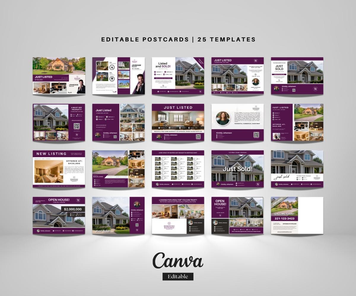 25 Real Estate Postcard Templates for Canva | Berkshire Realtor Marketing | Editable Thank You, Sold & Just Listed Cards