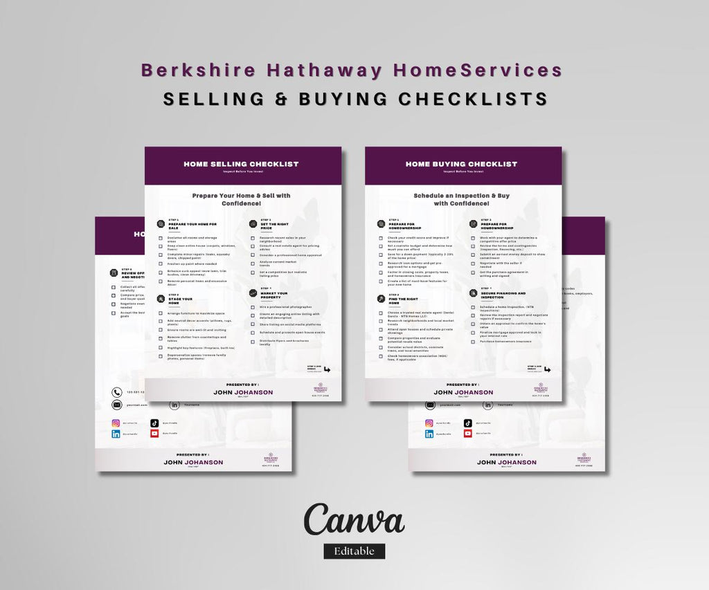Berkshire Hathaway Home Selling & Buying Checklist | 4-Page Canva Template | Editable Real Estate Guide | Buyer Seller Checklist PDF