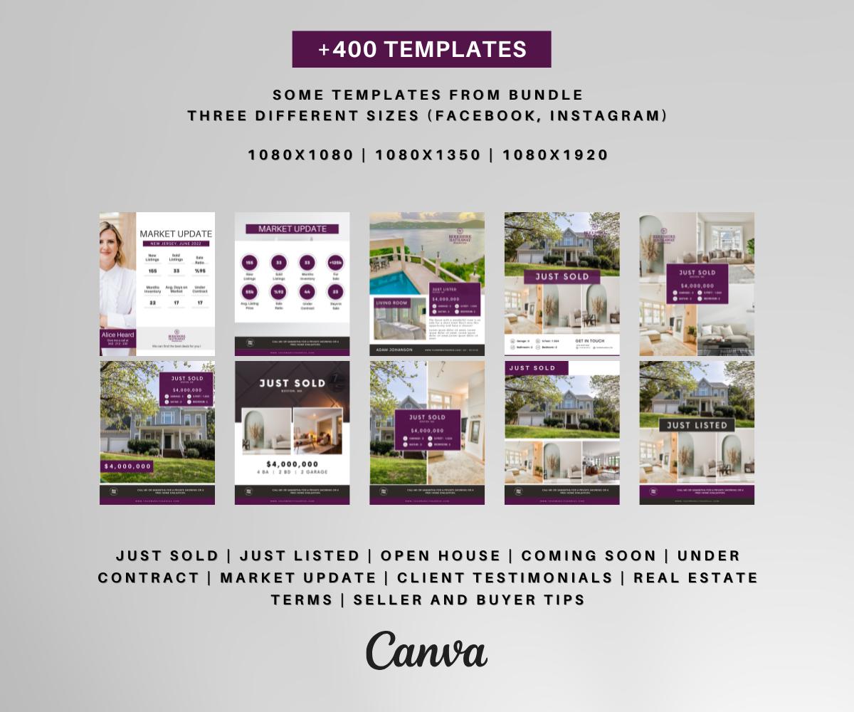 400+ Berkshire Hathaway Social Media Templates | Canva Real Estate Bundle | Instagram & Facebook Realtor Posts | Editable Canva Kit