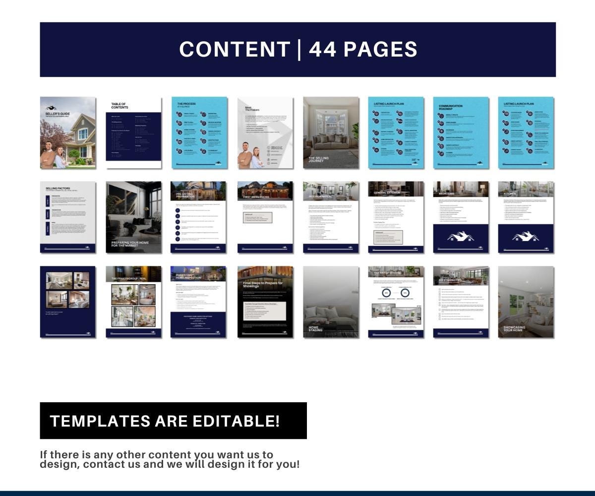 44-Page Navy Blue Real Estate Seller's Guide | Editable Canva Template | Modern Home Selling Guide for Realtors | Pre-Listing Packet