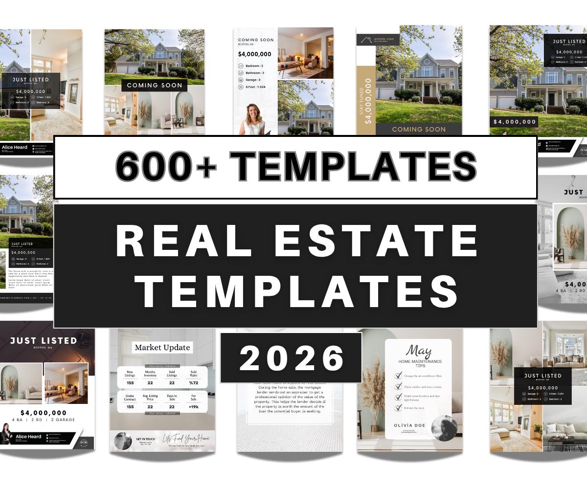 Real Estate Social Media Templates 2026 | Just Listed Post | Just Sold Post | Market Update Post | Real Estate Terms Post | Canva