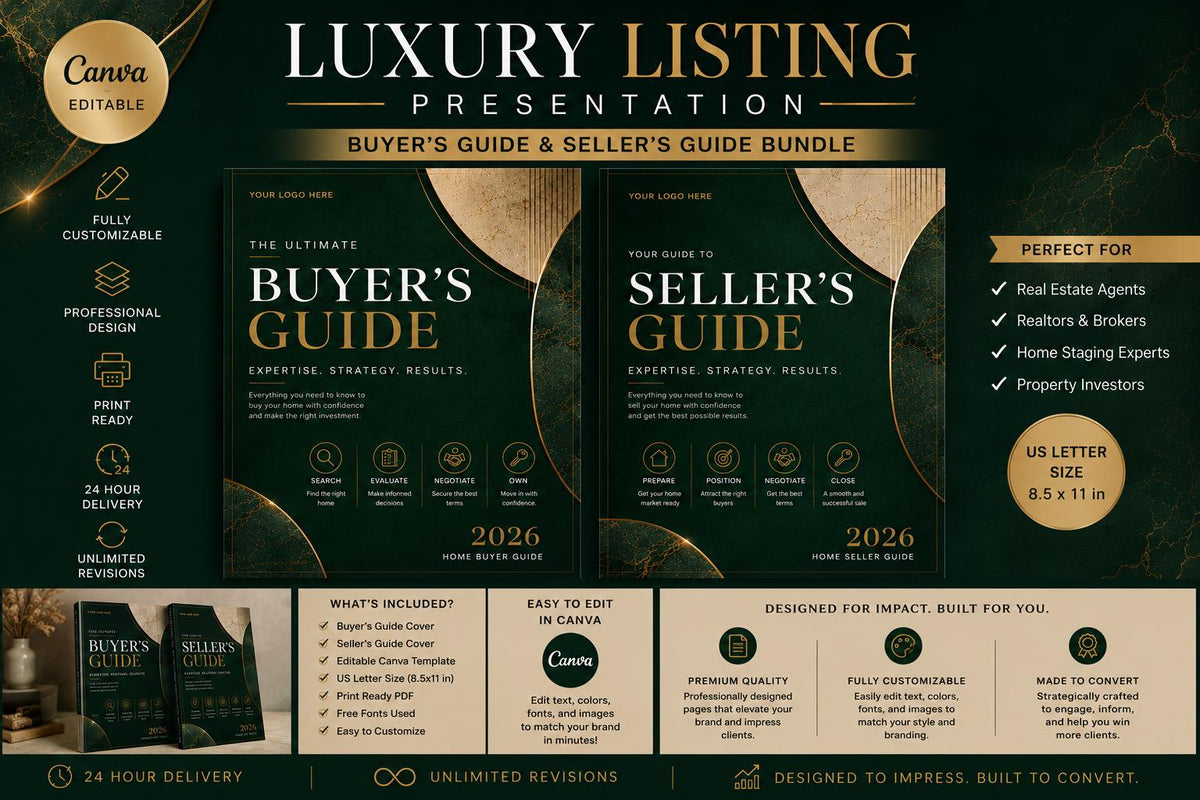 Editable Buyer & Seller Guide Bundle | 18 Page Real Estate Guide | Canva Template | Realtor Listing Presentation Kit