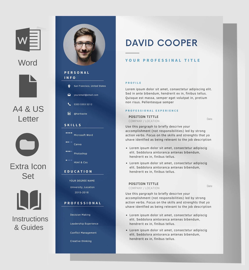 Resume Template, Professional Modern 5 Page Resume Template for Word. Instant Digital Download. Full Editable Clean 2022 CV Blue Template