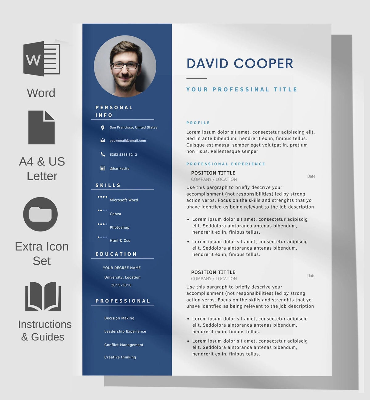Resume Template, Professional Modern 5 Page Resume Template for Word. Instant Digital Download. Full Editable Clean 2022 CV Blue Template