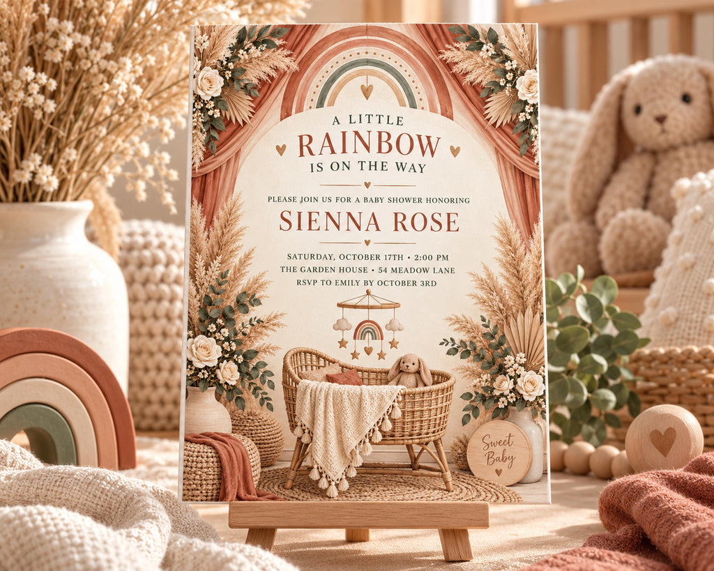 The image is a baby shower invitation featuring a baby's room with a crib, a baby shower ribbon, and a baby shower banner.