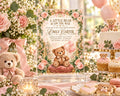 The image is a baby shower invitation featuring a teddy bear and pink flowers, with a cake and other decorations in the background.
