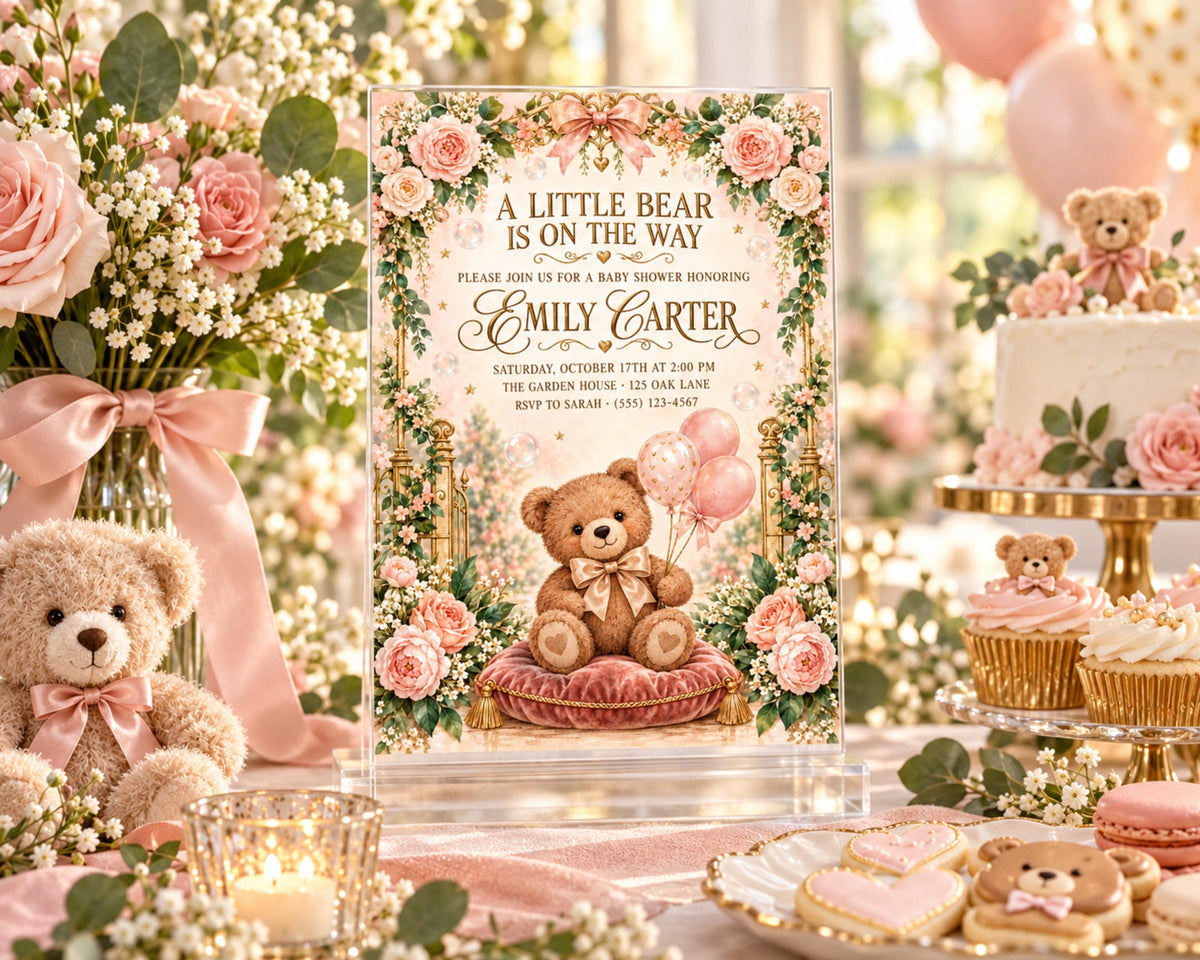 The image is a baby shower invitation featuring a teddy bear and pink flowers, with a cake and other decorations in the background.