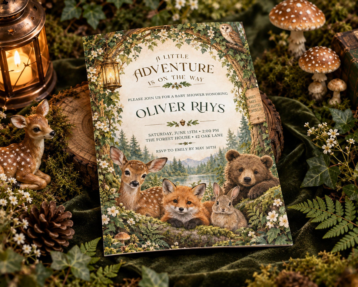 A forest-themed invitation card for a baby shower, featuring illustrations of deer, foxes, and bears, surrounded by pine cones, mushrooms, and greenery.