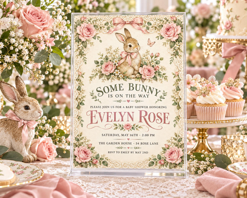 a baby shower invitation with a bunny theme, surrounded by pink and white flowers, cupcakes, and a stuffed rabbit.