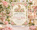 a baby shower invitation with a bunny theme, surrounded by pink and white flowers, cupcakes, and a stuffed rabbit.