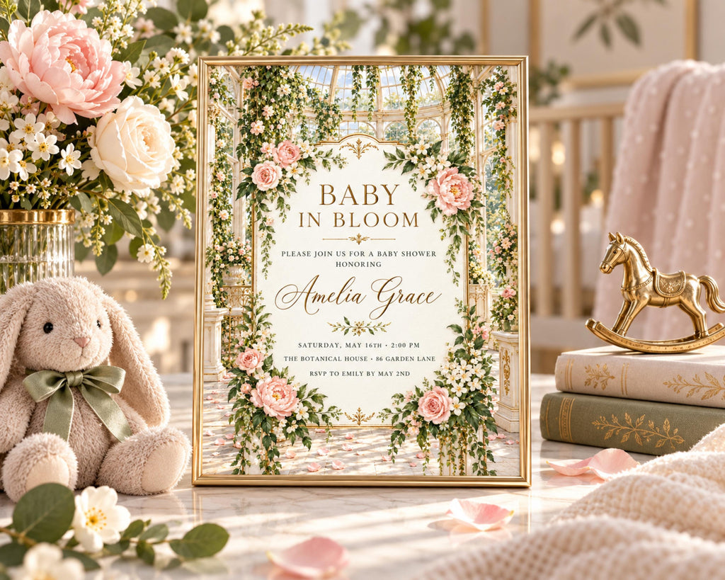 a framed baby shower invitation with a floral design, surrounded by various decorative elements such as a stuffed rabbit, books, and a horse figurine.