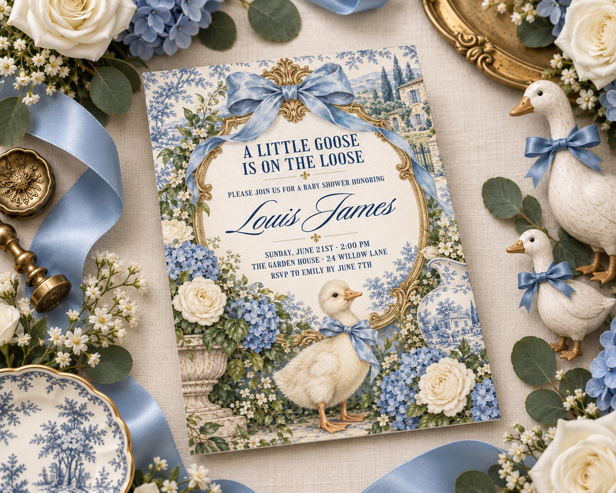 A baby shower invitation featuring a blue and white floral design with a goose and flowers, surrounded by decorative elements such as ribbons, flowers, and figurines.