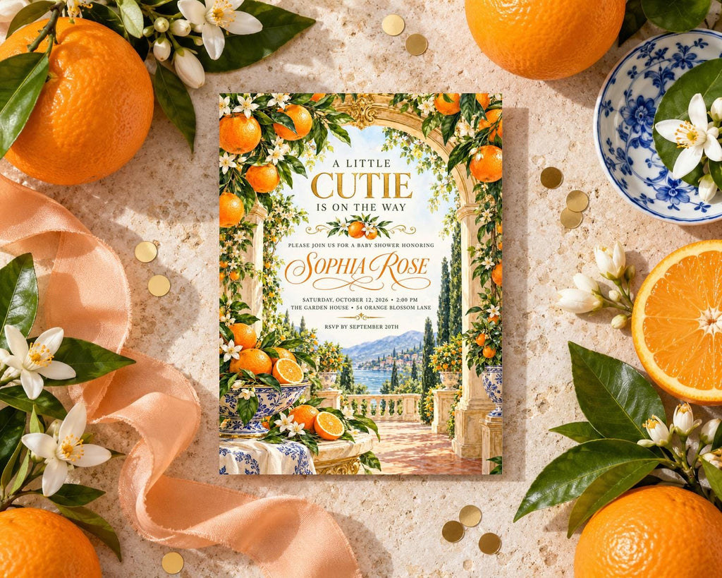 a vibrant invitation card with a garden scene, surrounded by fresh oranges, white flowers, and a blue and white plate.