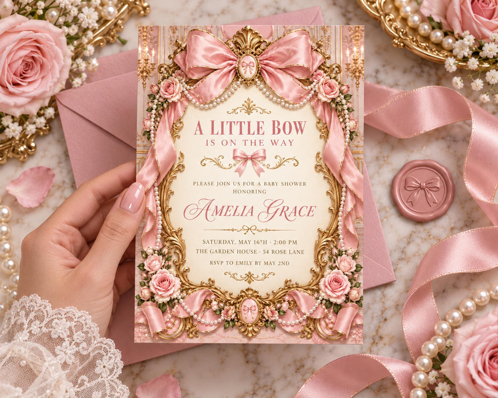 A hand holding a pink and gold invitation card with a pink ribbon and flowers, surrounded by pink roses, pearls, and a pink wax seal.