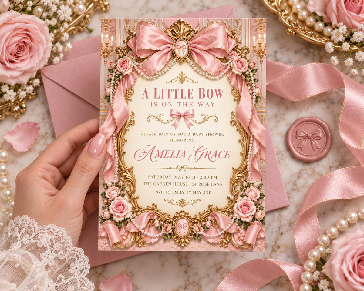 A hand holding a pink and gold invitation card with a pink ribbon and flowers, surrounded by pink roses, pearls, and a pink wax seal.
