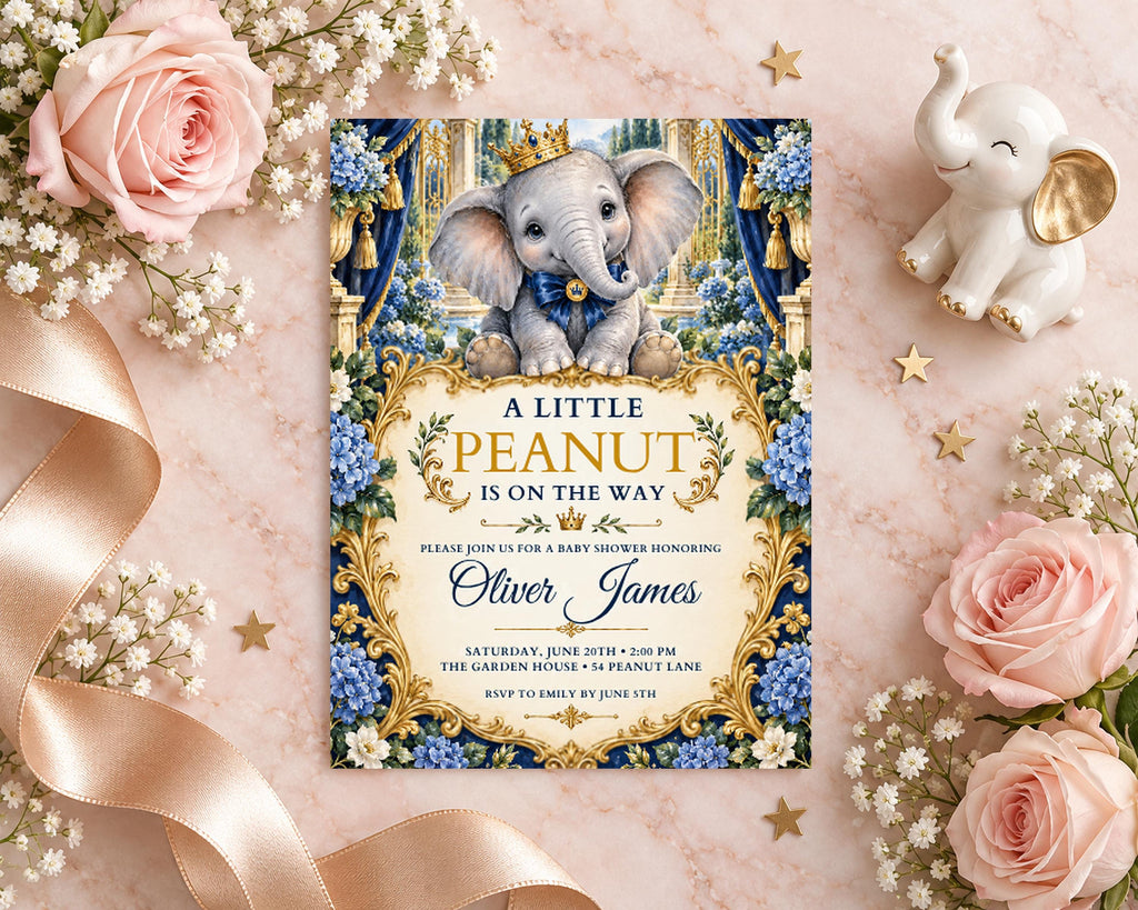 A baby shower invitation featuring a baby elephant, surrounded by pink roses, a gold crown, and a gold ribbon.