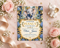 A baby shower invitation featuring a baby elephant, surrounded by pink roses, a gold crown, and a gold ribbon.