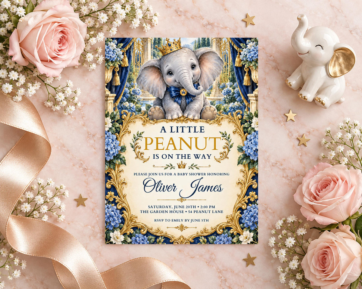 A baby shower invitation featuring a baby elephant, surrounded by pink roses, a gold crown, and a gold ribbon.