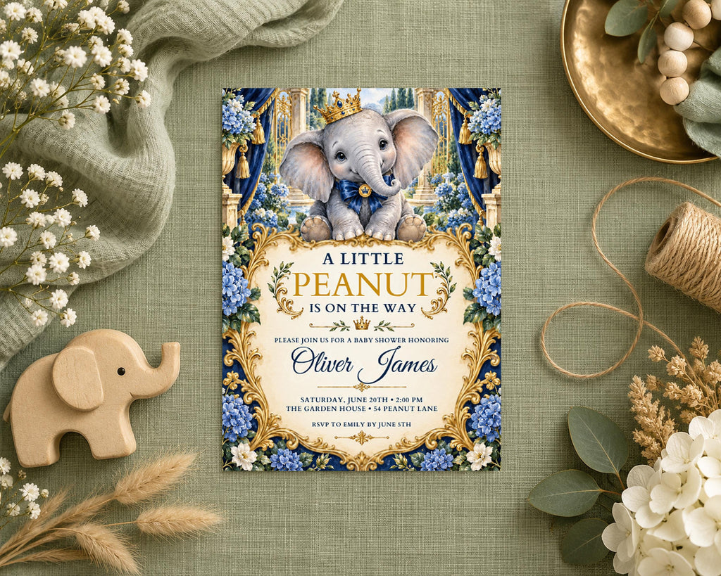 a baby shower invitation for a baby named Oliver James, with a decorative border and a small elephant figurine.