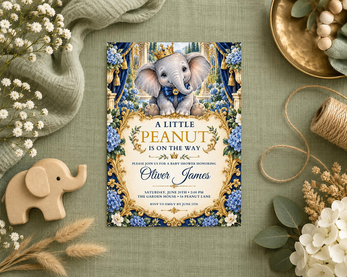a baby shower invitation for a baby named Oliver James, with a decorative border and a small elephant figurine.