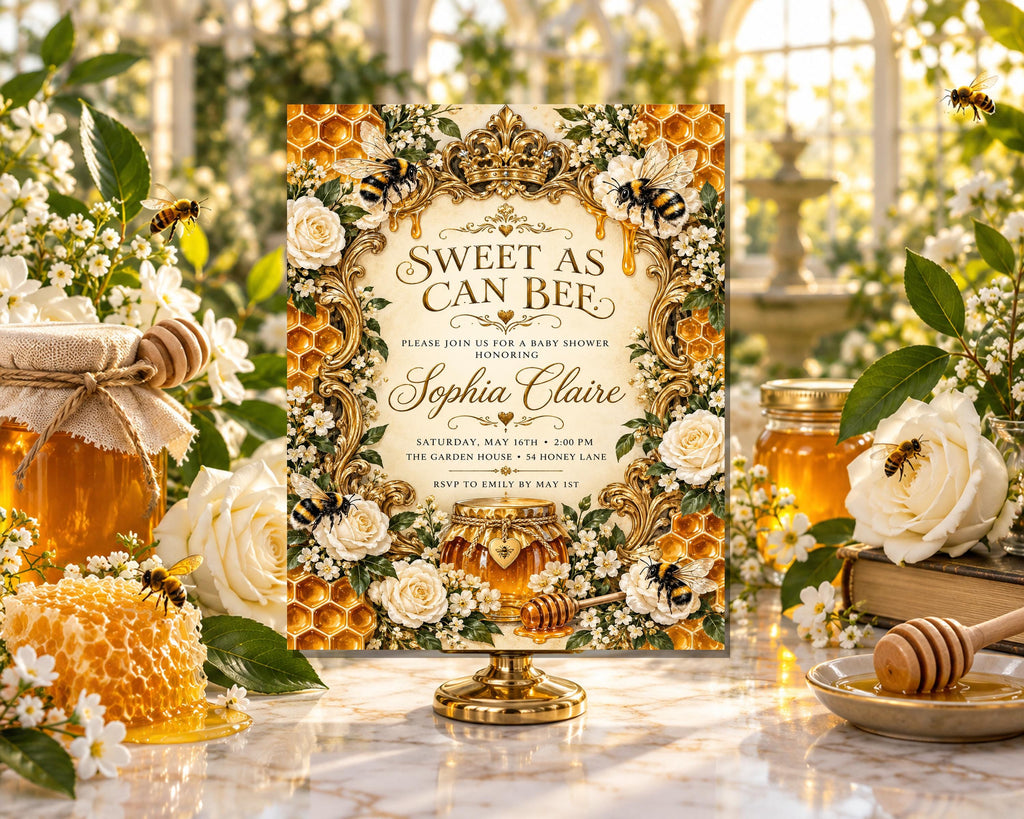 a honey-themed baby shower invitation with a honeycomb design, surrounded by honeycombs, flowers, and honey jars.