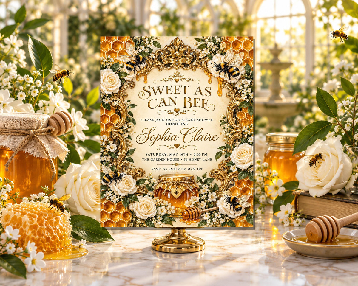 a honey-themed baby shower invitation with a honeycomb design, surrounded by honeycombs, flowers, and honey jars.