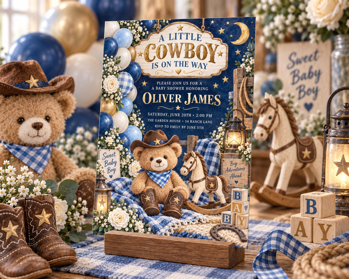 The image is a baby shower invitation for a boy named Oliver James, featuring a cowboy theme with teddy bears, balloons, and other baby shower decorations.