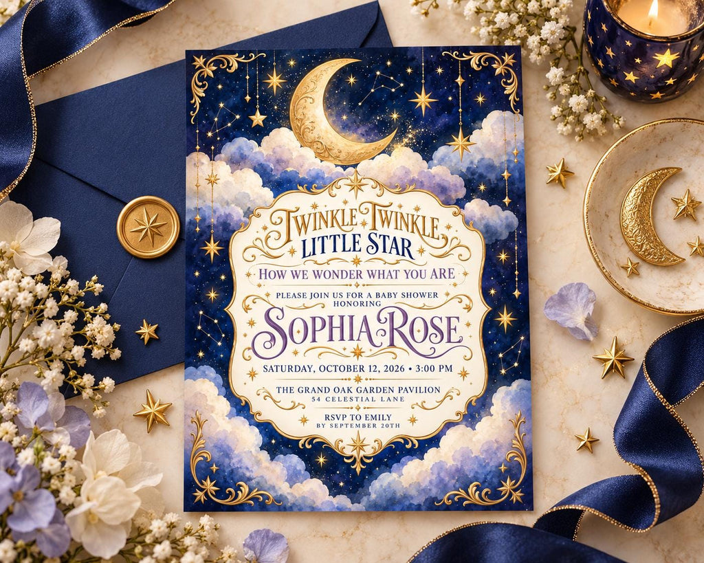a beautifully designed baby shower invitation with a starry night sky theme, including a crescent moon and stars. The invitation is adorned with gold accents and has a blue envelope and white flowers as decorative elements.