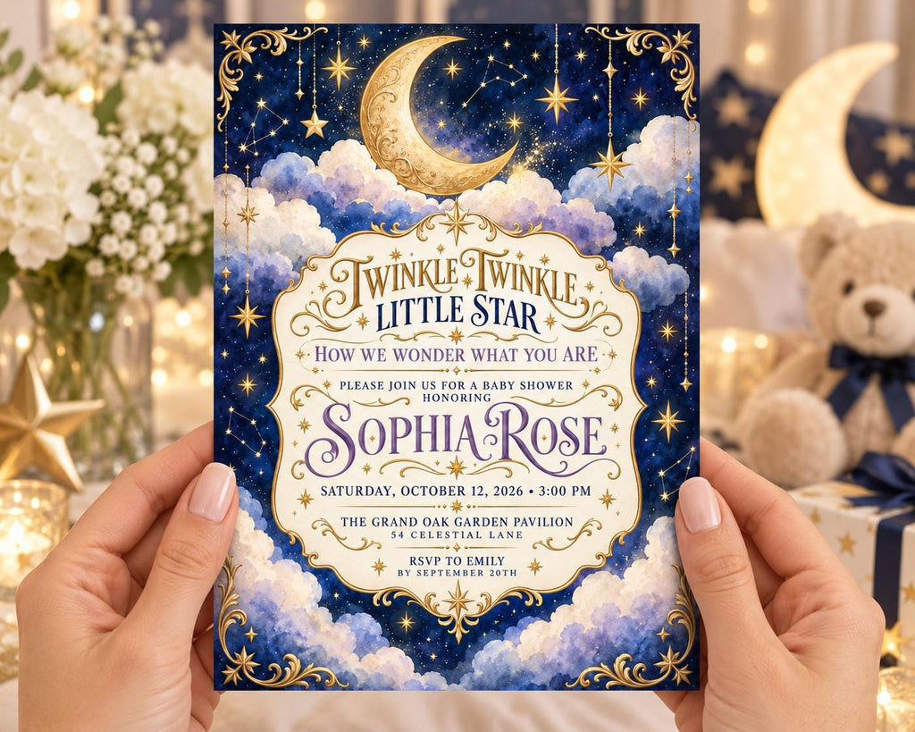 a person holding a baby shower invitation with a starry night sky theme. The invitation features a moon, stars, and clouds, along with the text "Twinkle Twinkle Little Star" and "How we wonder what you are".