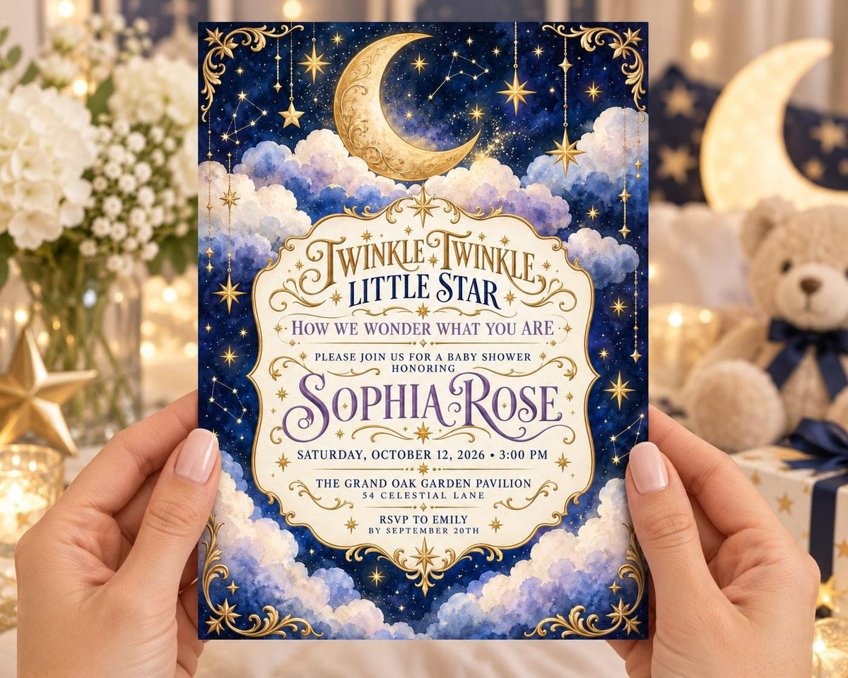 a person holding a baby shower invitation with a starry night sky theme. The invitation features a moon, stars, and clouds, along with the text "Twinkle Twinkle Little Star" and "How we wonder what you are".