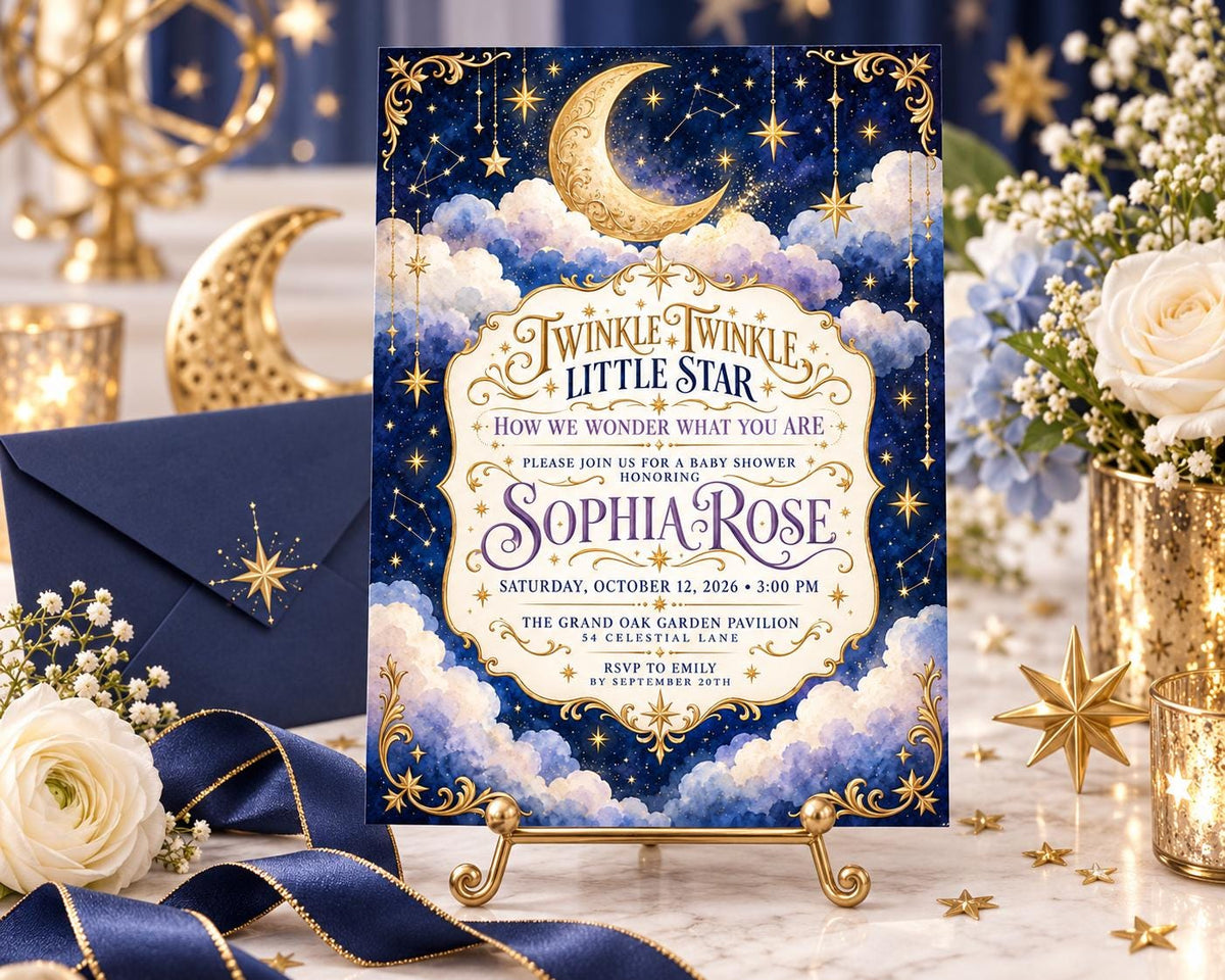 a baby shower invitation with a starry night sky theme, including a crescent moon and stars. The invitation is displayed on a stand, surrounded by decorative elements such as flowers, candles, and gold accents.