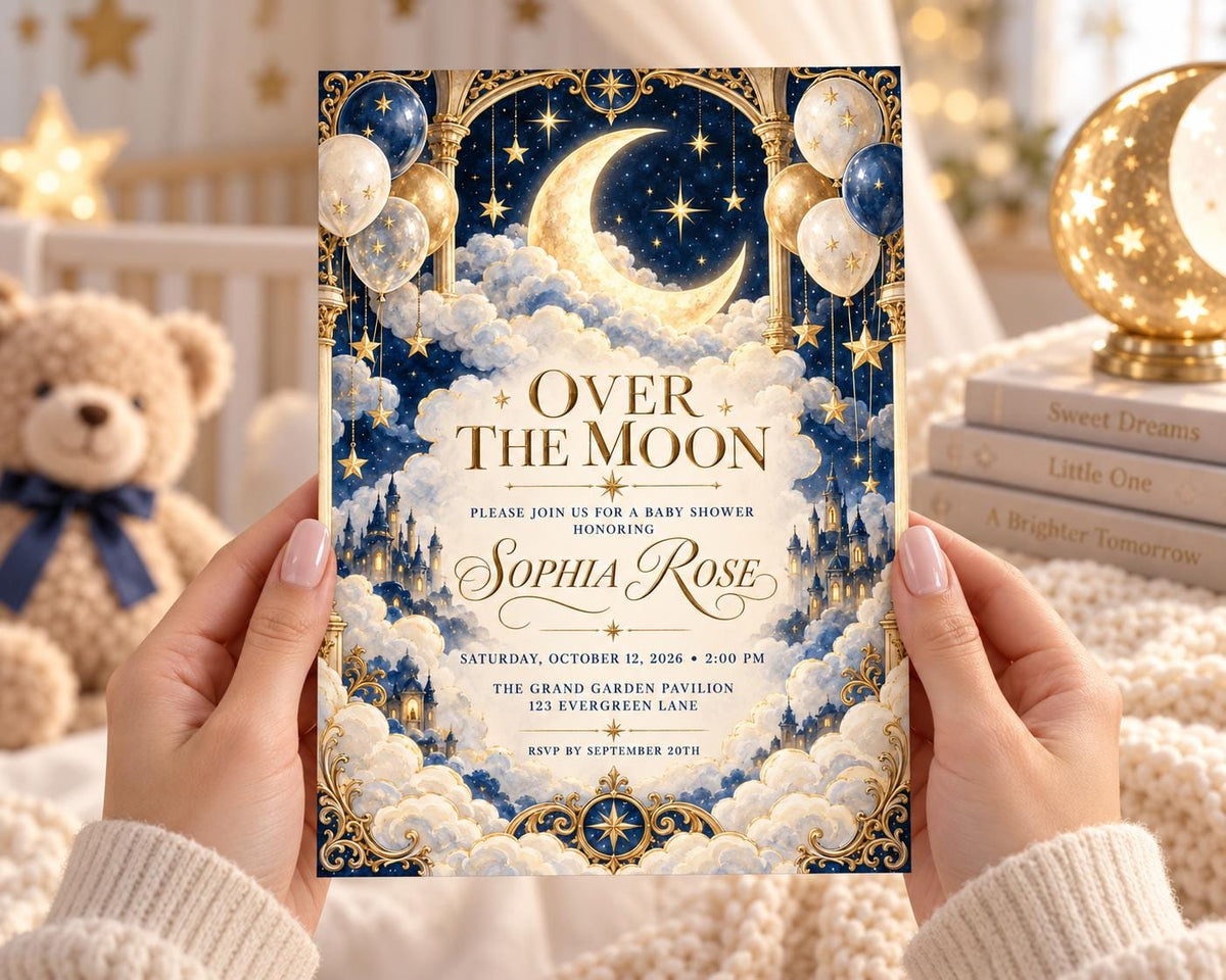 A person's hands holding a baby shower invitation with a moon and starry night sky theme, featuring balloons and stars.