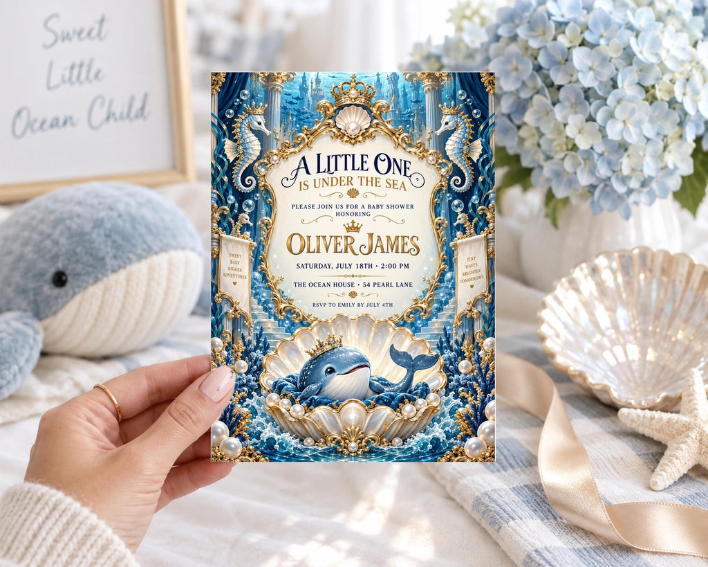 A person is holding a baby shower invitation for a baby named Oliver James, which features a blue and gold design with a whale and seashells.