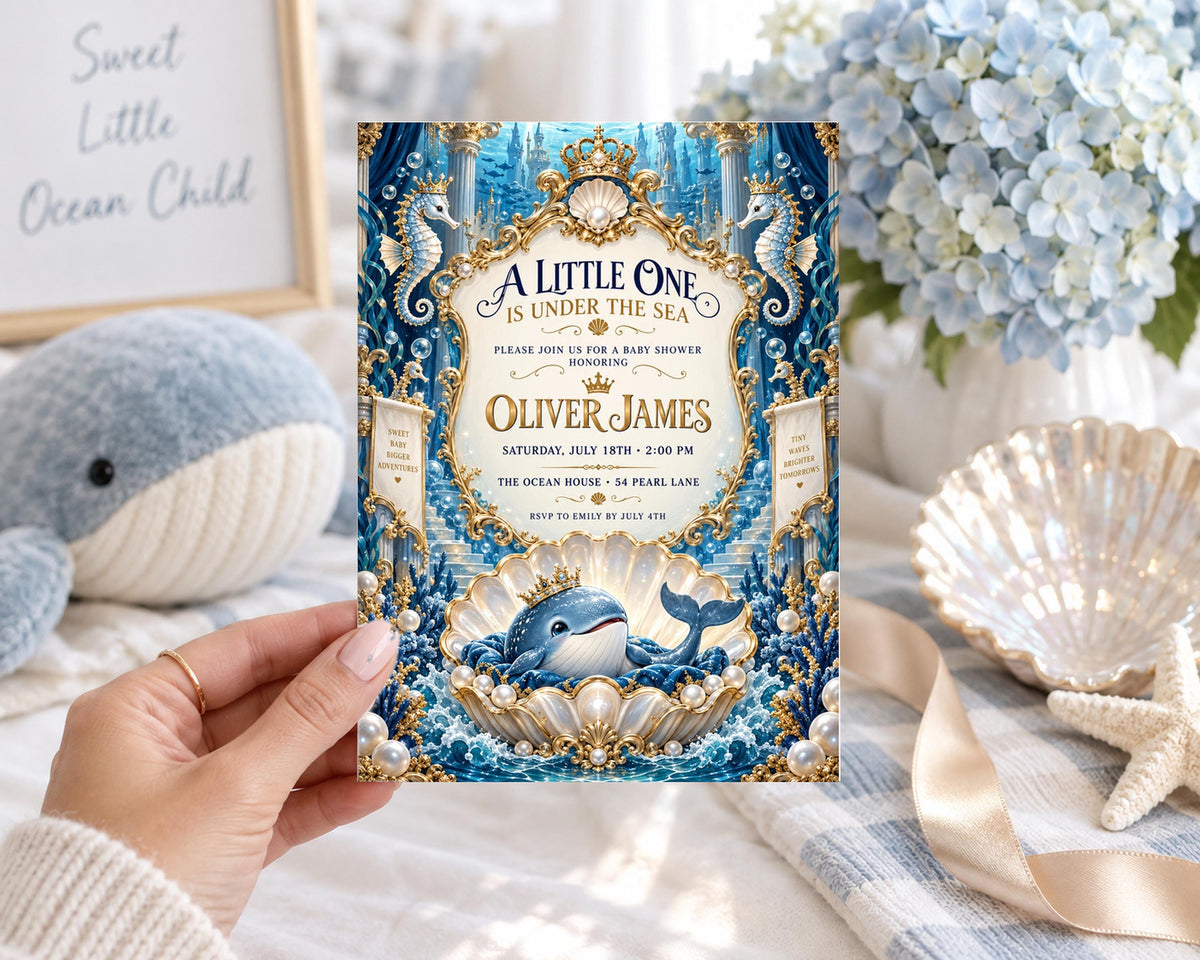 A person is holding a baby shower invitation for a baby named Oliver James, which features a blue and gold design with a whale and seashells.