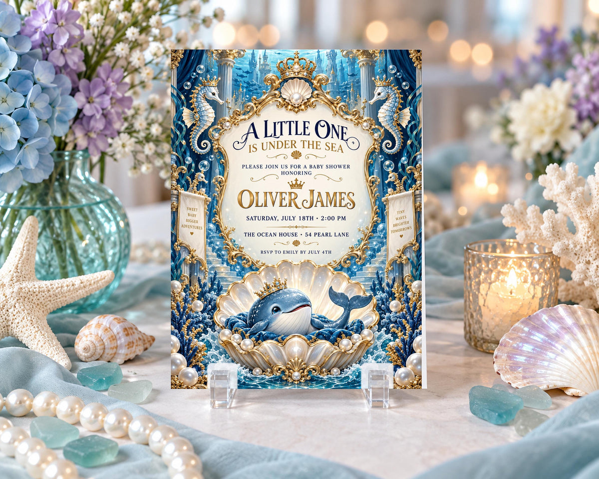 a blue and gold invitation card for a baby shower, with a central image of a baby surrounded by seashells and pearls. The card is placed on a table with various seashells, pearls, and a vase of flowers.