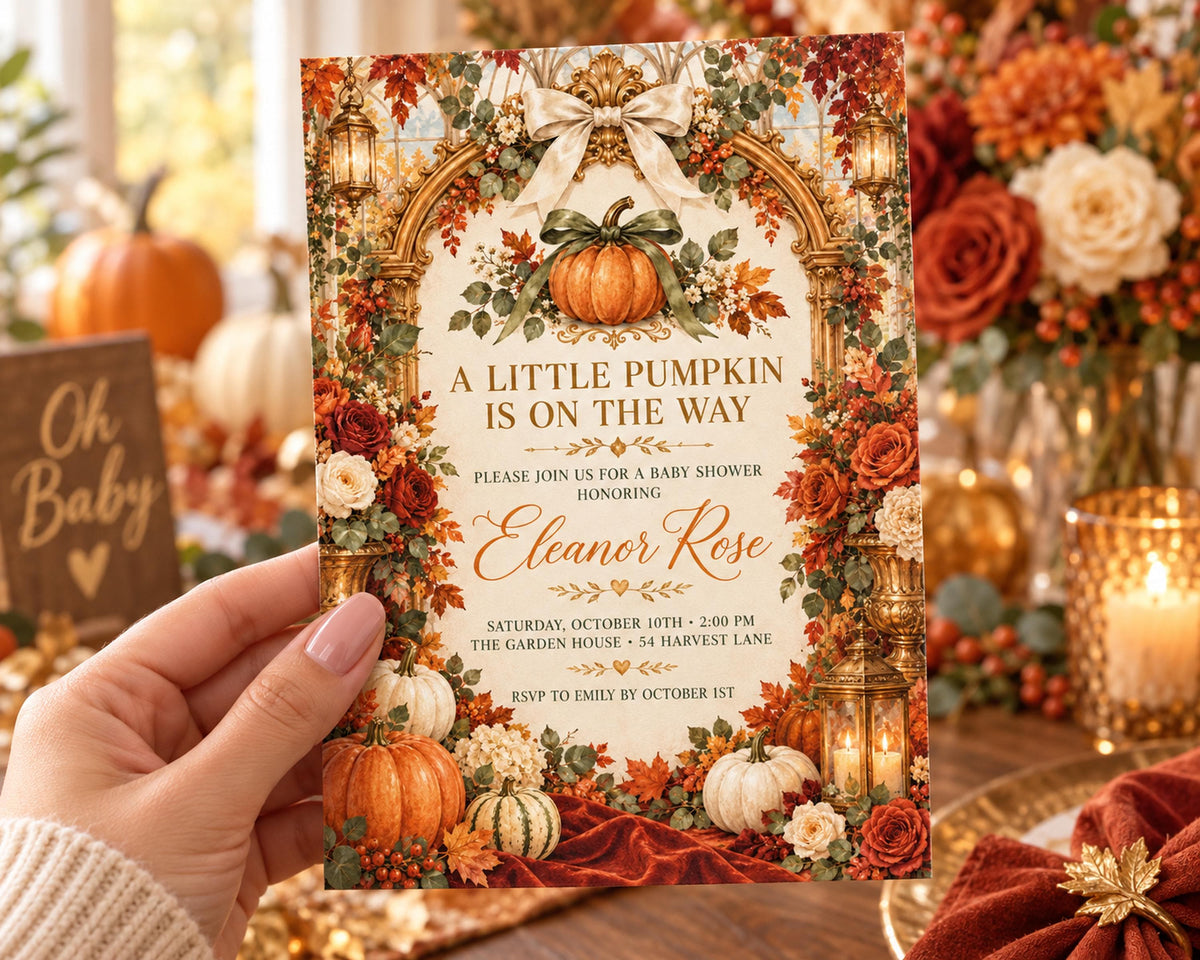 A hand holding a card with a pumpkin and fall-themed design, surrounded by a table with decorations and flowers.