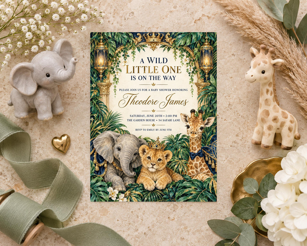A baby shower invitation featuring a jungle theme with plush animals and decorative elements such as flowers and a heart.