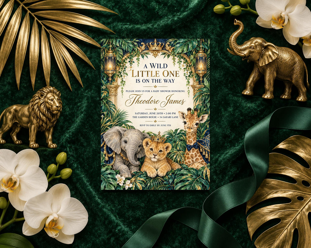 a jungle-themed baby shower invitation with a green velvet background, gold accents, and various animal figurines.