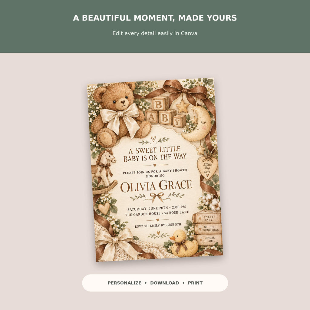 The image is a baby shower invitation featuring a teddy bear and other baby-themed decorations.