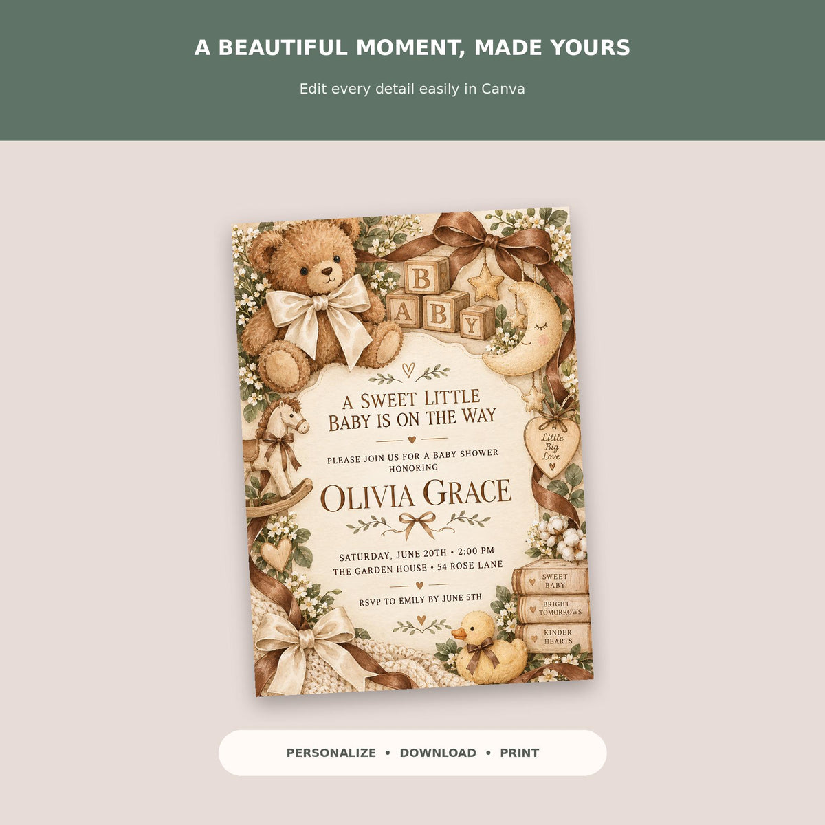 The image is a baby shower invitation featuring a teddy bear and other baby-themed decorations.