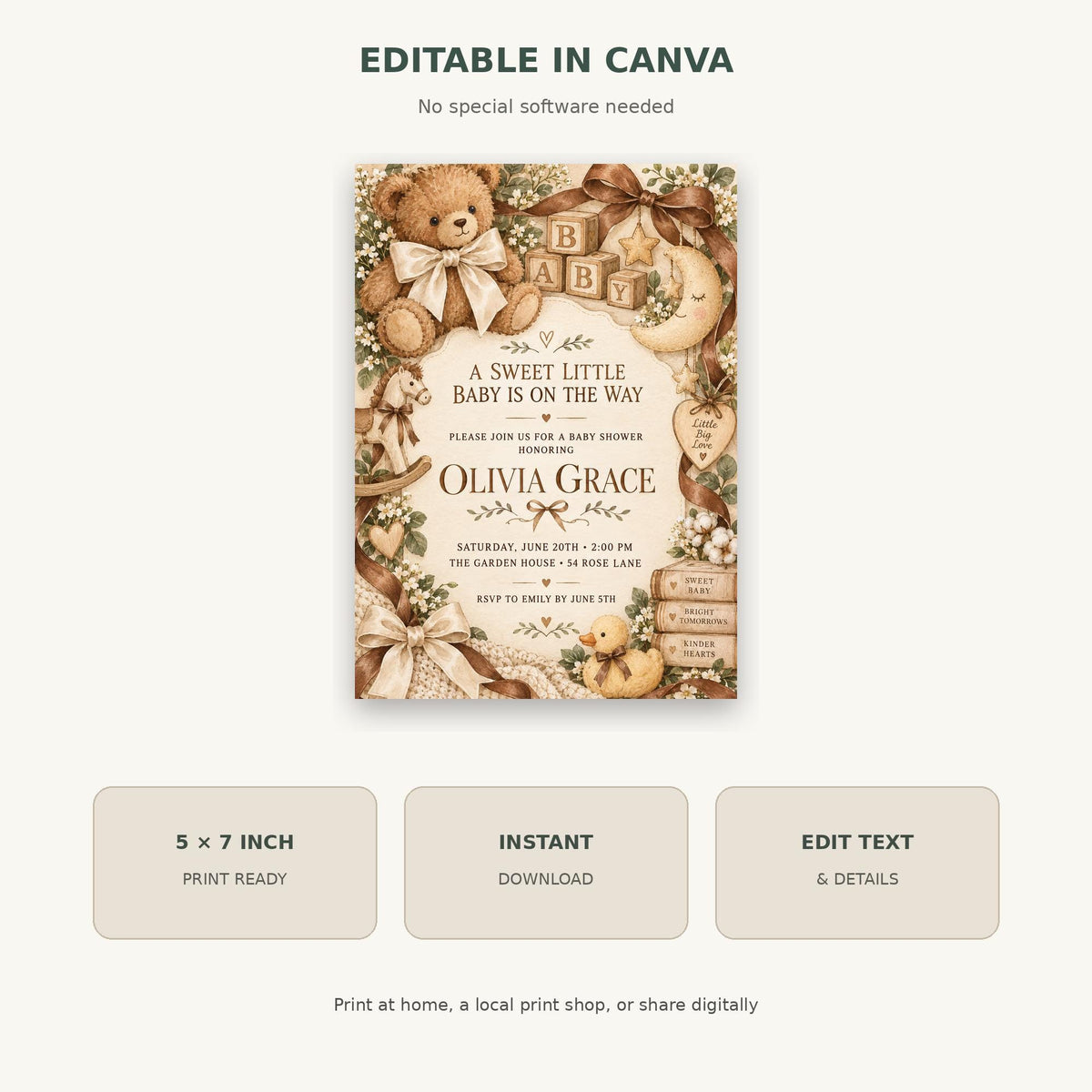 The image is a digital invitation for a baby shower, featuring a teddy bear and other decorative elements.