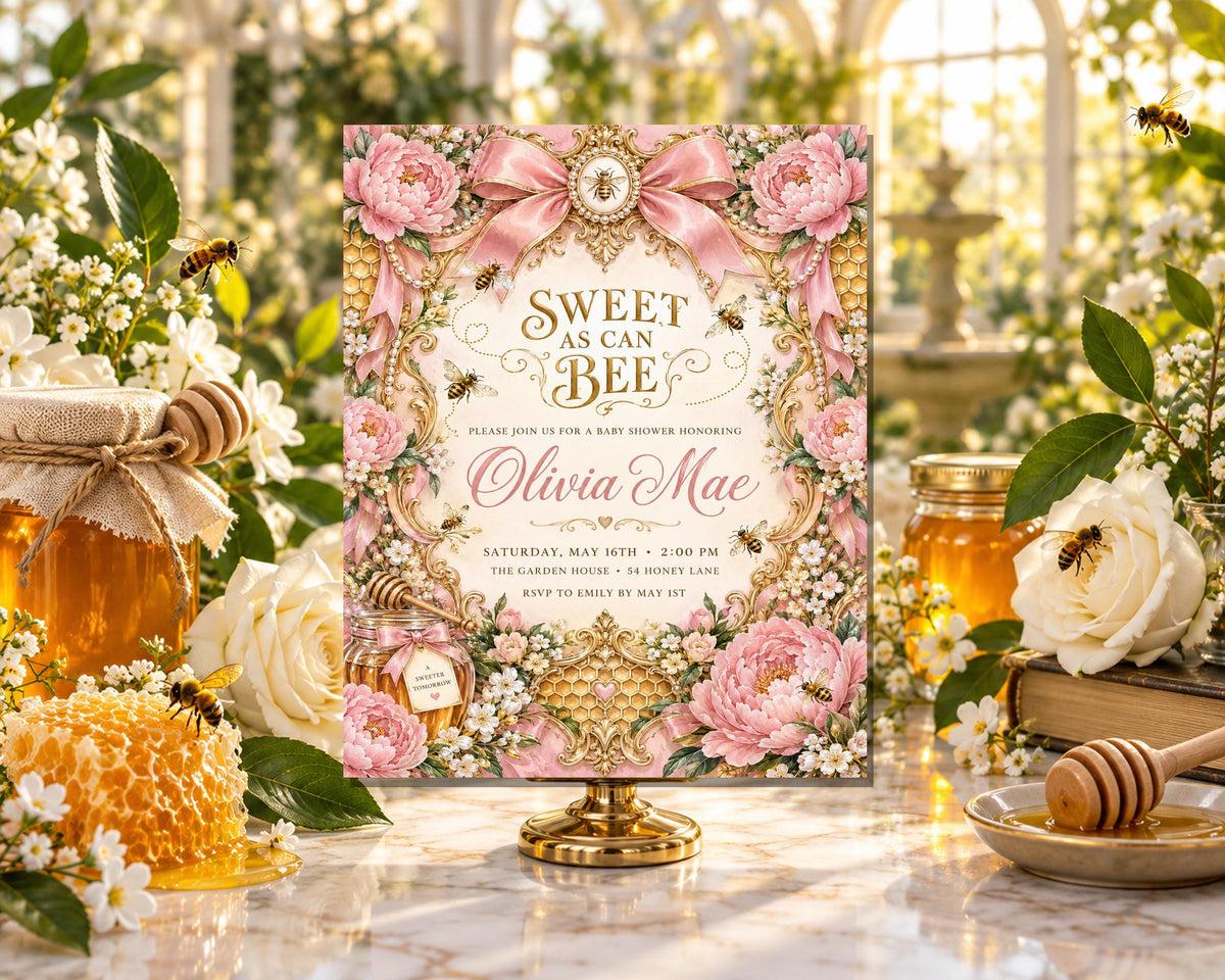 a pink and gold invitation card for a baby shower, surrounded by honey, flowers, and honeycombs.