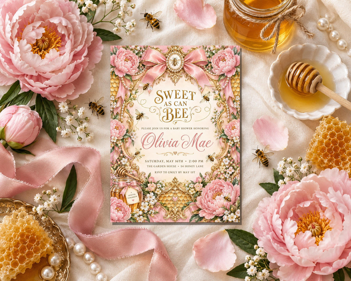 a beautifully designed invitation card for a baby shower, surrounded by various floral elements and honeycombs.