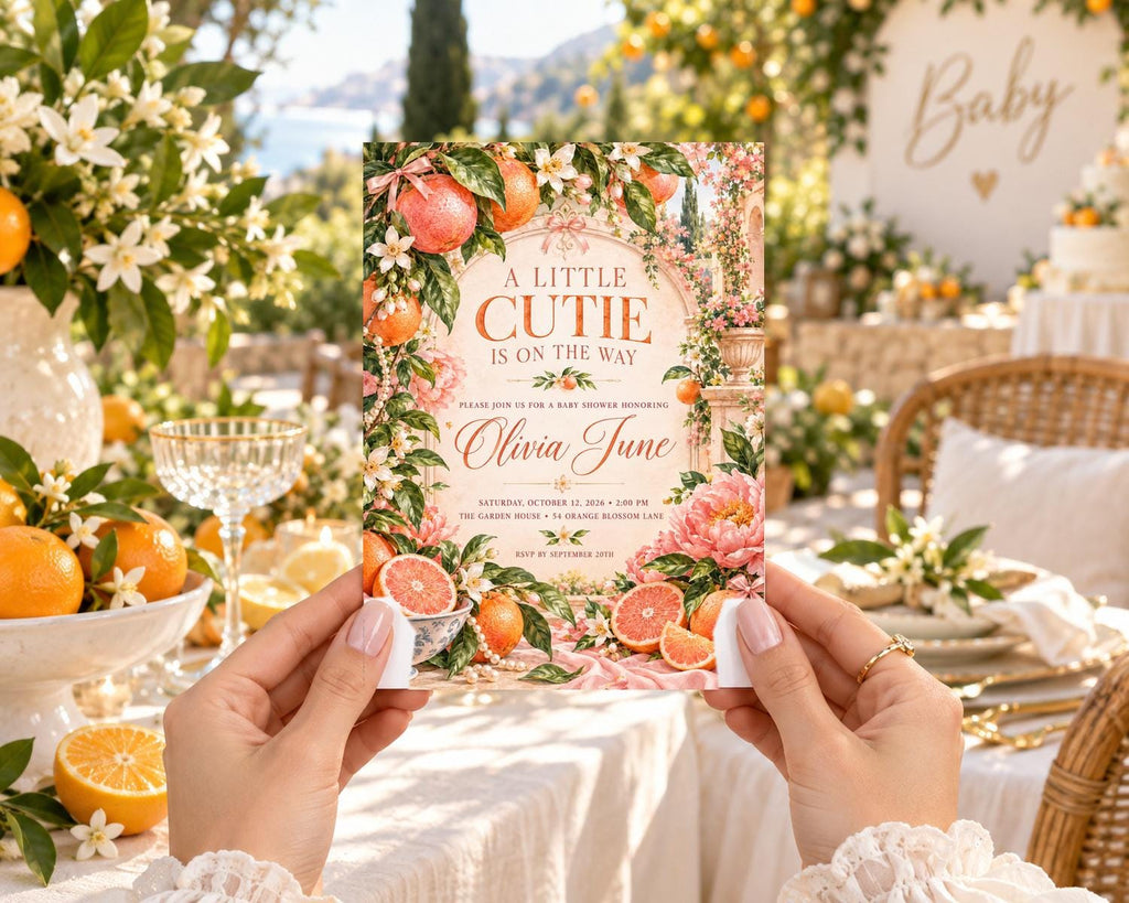 A person holding a colorful baby shower invitation with an illustration of oranges and flowers.