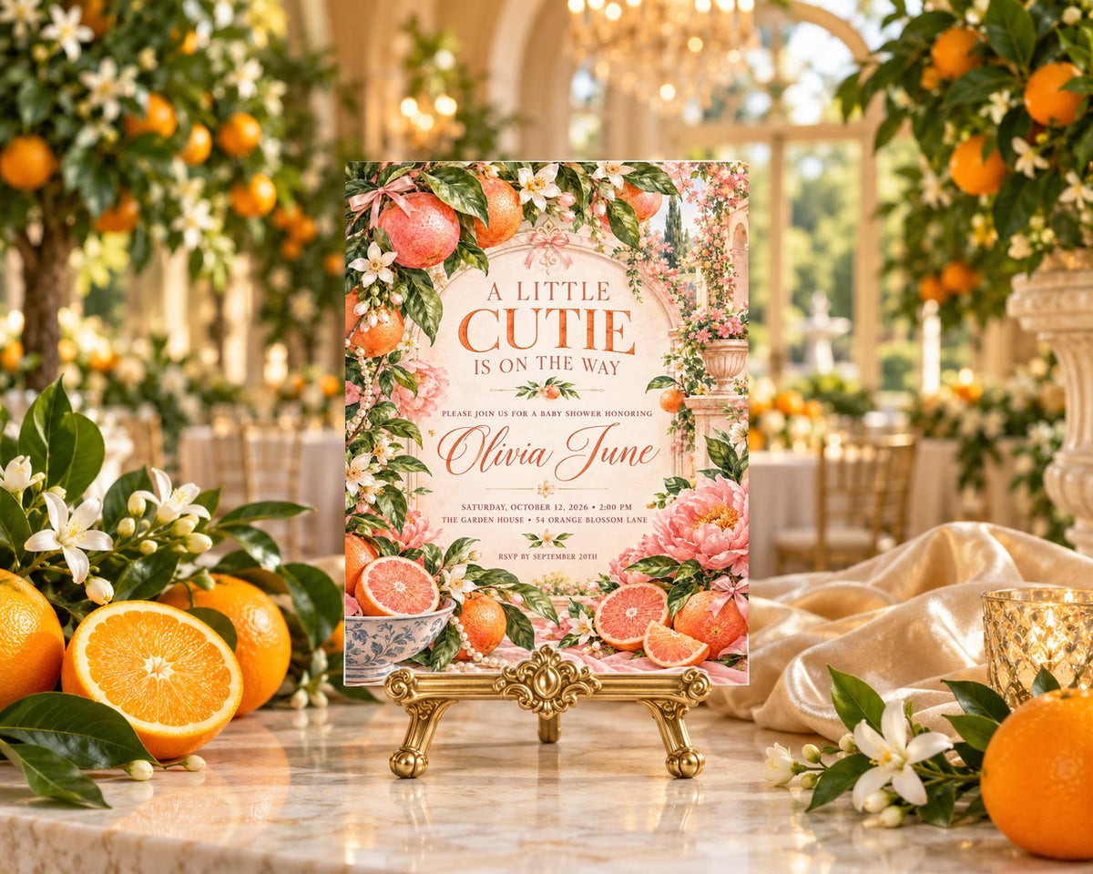 A decorative invitation card with a floral design and text, placed on a stand in a room with orange trees and flowers.