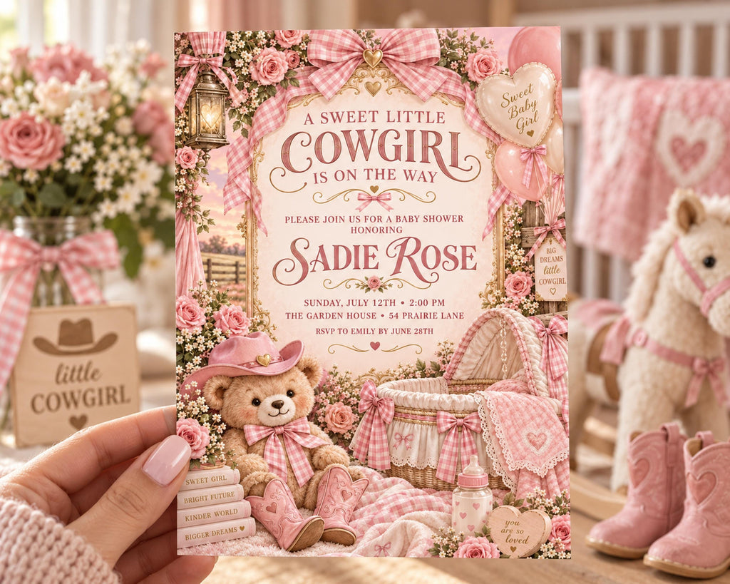 A hand holding a pink and white baby shower invitation featuring a teddy bear, a crib, and other baby-related items, with a bouquet of pink flowers in the background.