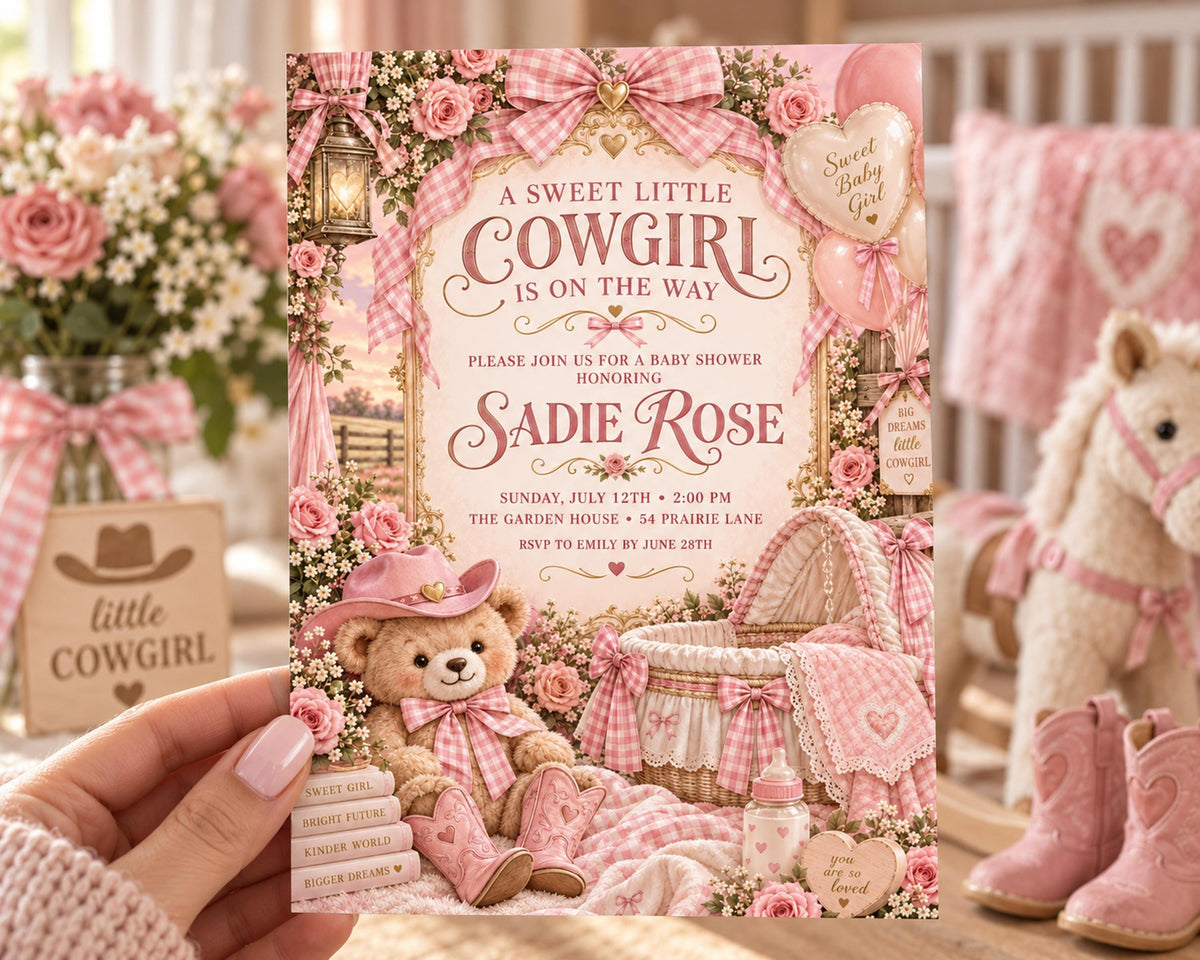 A hand holding a pink and white baby shower invitation featuring a teddy bear, a crib, and other baby-related items, with a bouquet of pink flowers in the background.