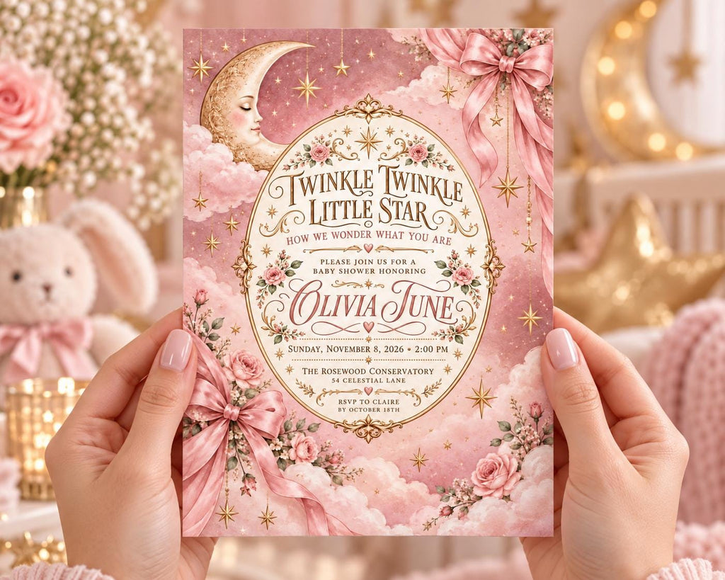 A person's hands holding a pink and gold invitation card with a moon, stars, and floral designs.